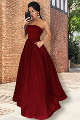 Long A-line Strapless Satin Foraml Prom Dress With Pockets